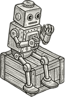 A small robot waving from a crate