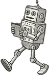 A robot walking while reading notes