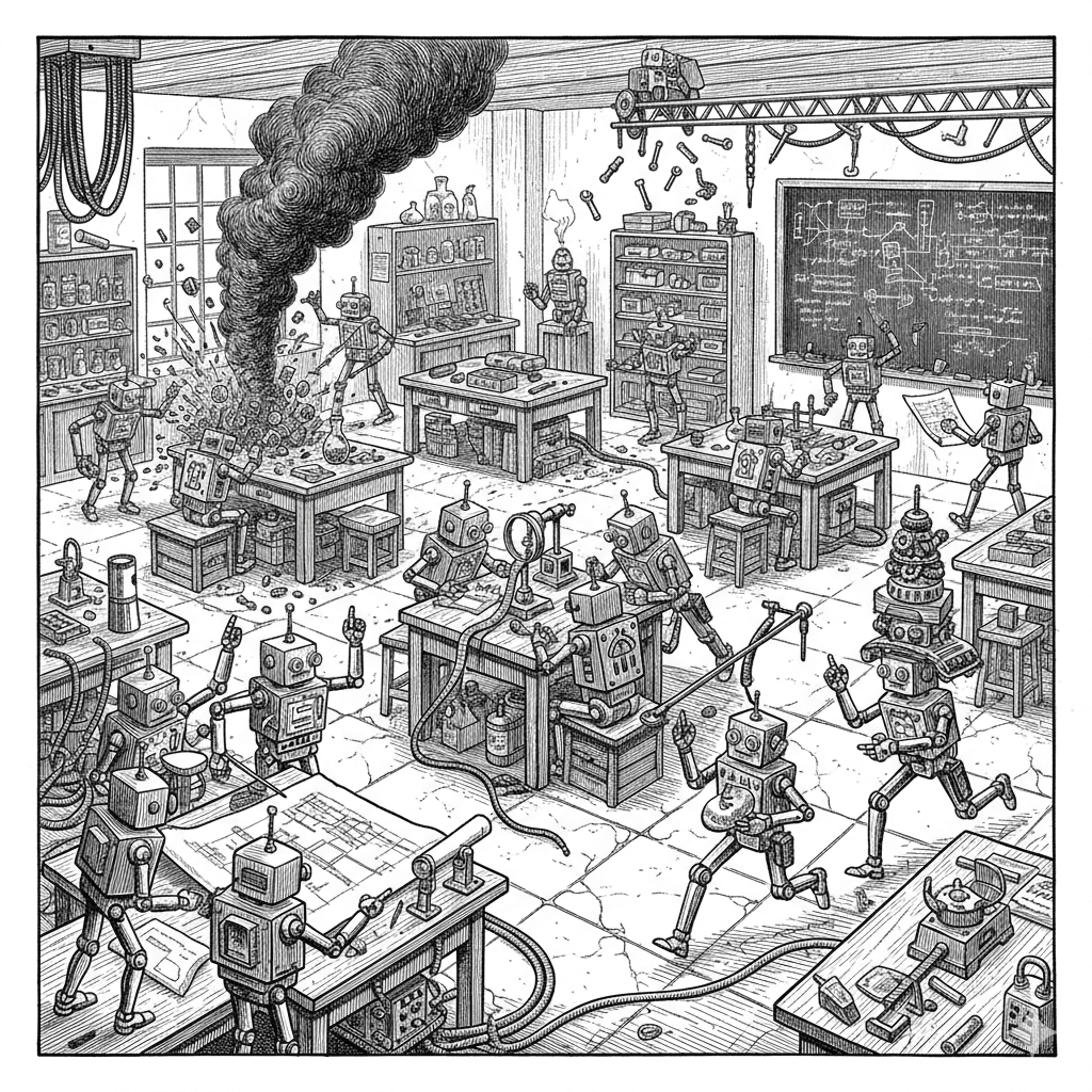 The first robot lab scene — dense, contained, full of energy but locked in a square