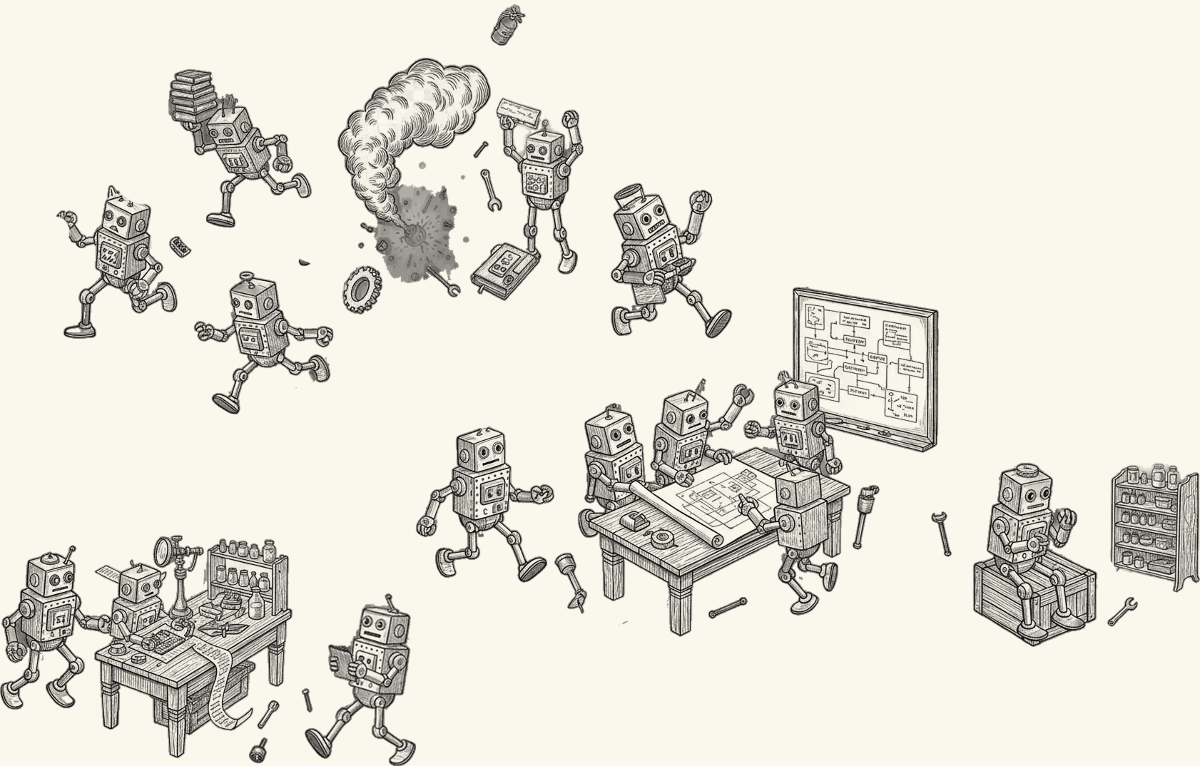 The final hero — sparse clusters, consistent characters, breathing room, cream background